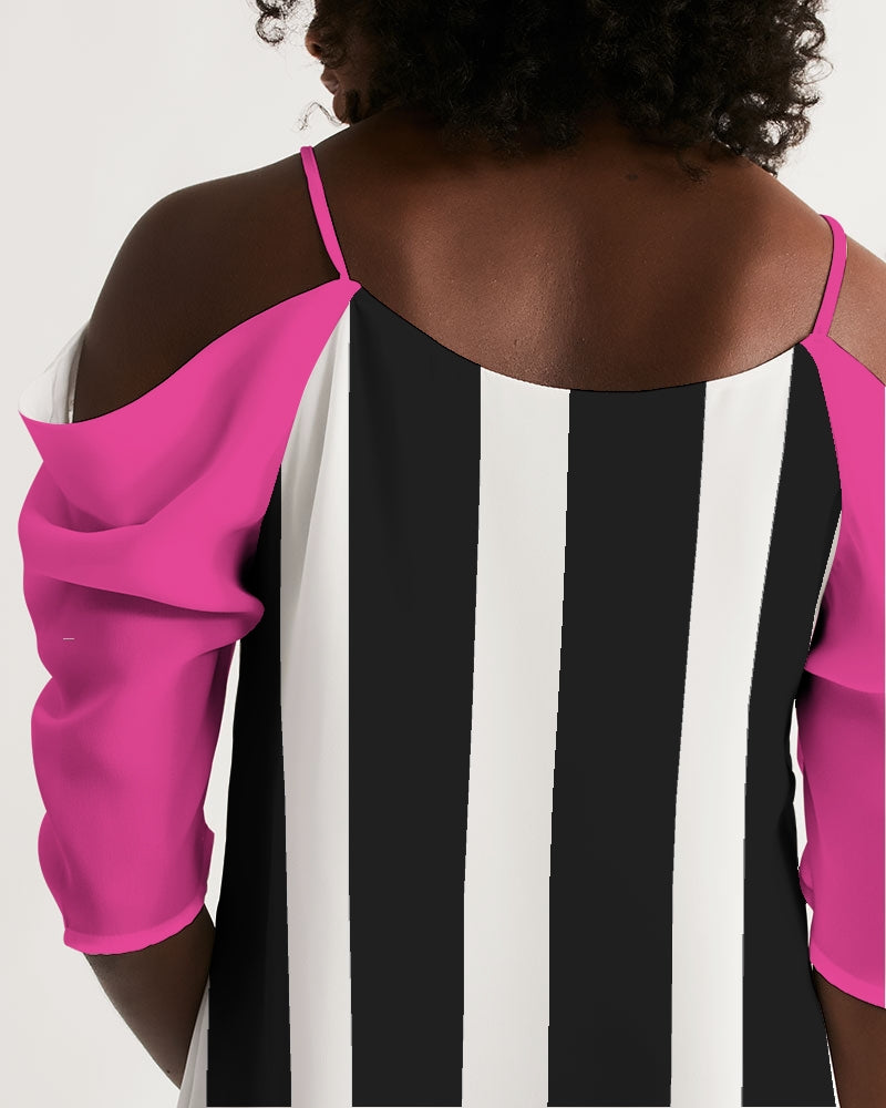 Pink, Black, and White Striped Off-the-shoulder 80s Top by MKM Designs 